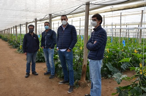 Los técnicos Iván Alonso y Diego García con agricultores interesados en el cultivo.