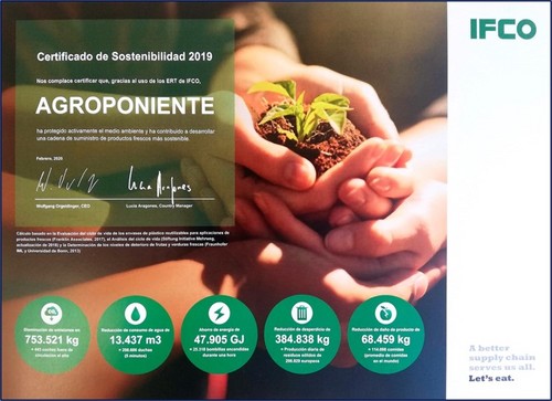 Grupo Agroponiente recibe uno de los Certificados de Sostenibilidad 2019 de la empresa IFCO